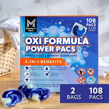 Laundry detergent power pacs box with blue pods; 2 bags, 108 pacs