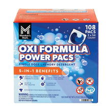 Laundry detergent power pacs box back, 108 count single-dose benefits icons