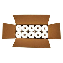 Packaged roll of white commercial can liners in an open cardboard box