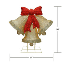 Pre-lit bell decoration with red bow and gold glitter skirt, 54 in tall, 57 in wide