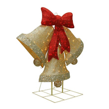 Pre-lit Christmas bell decoration with red bow and gold glitter bell dress on frame base