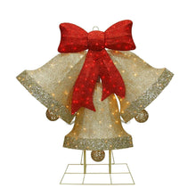 Pre-lit Christmas bell decoration with large red bow and gold glitter bell skirt on base