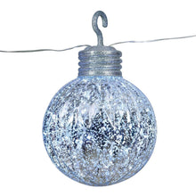 Silver mercury-style LED ornament ball with hanging loop and speckled surface