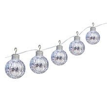 Silver mercury-style LED ornament balls strung on a thin hanging wire