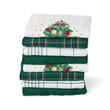 Stack of holiday kitchen towels with tree print, plaid stripes, and green stitched designs