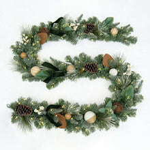Evergreen pre-lit garland wreath with pinecones, ribbon bows, and lit ornaments