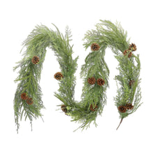 Cypress garland loops with scattered pinecones and long needle strands