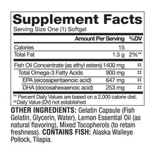 Supplement Facts panel for omega-3 softgels; serving size one, shows 900 mg total