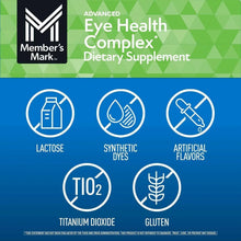 Advanced Eye Health Complex label showing no lactose, no dyes, no gluten icons