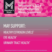 Women's 50+ multivitamin benefits panel with 'May Support' and health claims