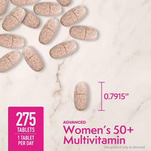 Women's 50+ multivitamin tablets, capsule-shaped tablets with size marker
