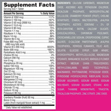 Supplement Facts label listing key vitamins and minerals on multivitamin bottle