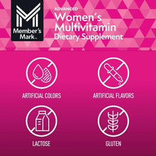 Women's multivitamin label panel with icons for artificial colors, flavors, lactose, gluten