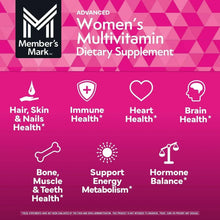 Advanced women's multivitamin label panel with icons for hair, immune, heart, brain health