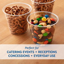 Clear 9 oz plastic cups filled with pretzels and assorted candies