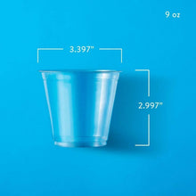 9 oz clear plastic cup with shown height and width measurements