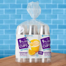 Stack of 9 oz clear plastic cups in branded packaging, 264 count