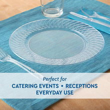 Clear plastic plate set on blue table runner with cups and utensils, disposable
