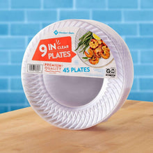 Clear 9-inch round plastic plates, ridged edge, package labeled 45 plates