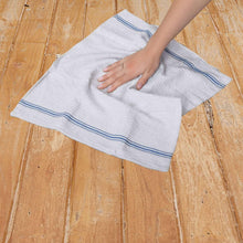 Cotton bar mop towels, folded with blue stripe edges