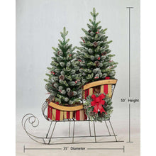 Pre-lit holiday sleigh with pine topiaries on striped base, red bow, and glowing lights