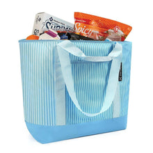 Blue striped insulated tote bag filled with packaged items inside