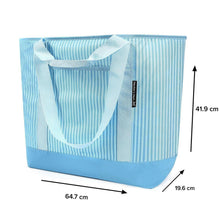 Blue striped insulated tote bag with dual handles and measurement icons