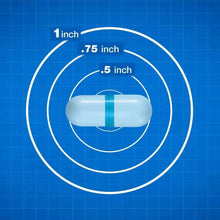 Blue two-piece capsule with size markings diagram