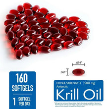 Krill oil softgels loose red capsules, with 160 softgels and 500 mg text