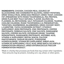 Dog food ingredient panel listing chicken, sweet potatoes, and vitamins