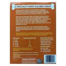 Back of orange dog treat bag with ingredient and nutrition information panel, 5 lb