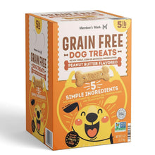 Side of orange grain-free peanut butter dog treat bag with cartoon dog, 5 lb