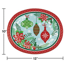 Oval holiday paper plate, red border and ornament pattern; measures 10 x 12 in