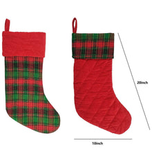 Pair quilted holiday stockings, plaid and red with plaid cuffs; 10in/20in shown