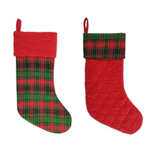 Two quilted holiday stockings: green/red plaid and red with plaid cuff