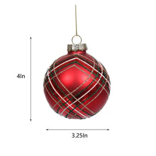 Red plaid bauble ornament with green grid lines and gold hanging loop