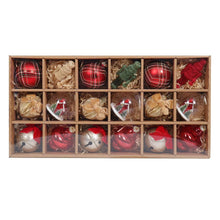 Keepsake ornament set in a wooden divider tray with red plaid and bell designs