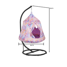 Kids hanging cozy pod with heart-pattern fabric, shown with dimensions and open entrance