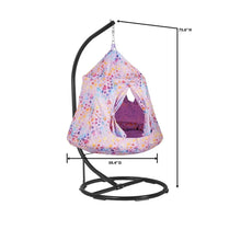 Kids hanging pod with colorful heart print canopy, open front, hanging from black frame