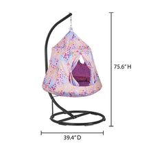 Kids hanging cozy pod with heart-pattern fabric, shown with height and width measurements