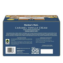 Coffee pod pack back with ingredients and storage info for caramel vanilla cream