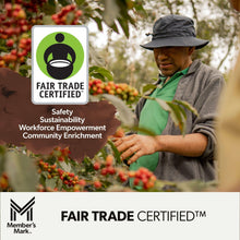 Fair Trade Certified coffee sourcing image with worker in green shirt among coffee plants