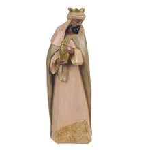 Nativity set carved king figurine with gold vessel, cream and green shawl