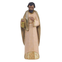 Nativity set carved king figurine with gold lantern, cream and gold robe