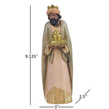 Nativity set king figurine standing with crown, holding a gold offering urn.