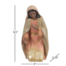 Nativity set Mary figurine in pink robe holding baby Jesus in gold swaddling.