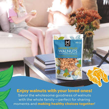 Walnuts bag on a table near a flower vase, with walnut pieces visible.
