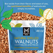 Bag of natural shelled walnuts with light halves and pieces, shown with walnut pieces.