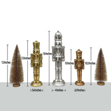 Nutcracker decor figurines set of multiple metallic soldiers with conifer tree decorations