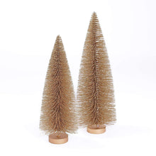 Mini pine tree decorations set of three with glittery bristles and tan bases